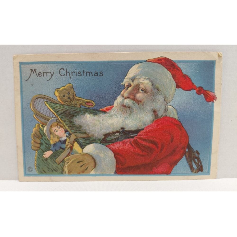 Antique Christmas Postcard Santa Claus Stecher Lith Co. Posted Divided